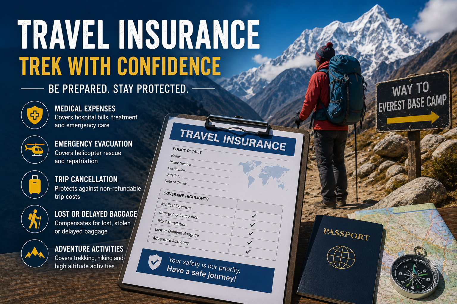 Travel insurance for trekking in Nepal with a passport, insurance policy, and Himalayan mountain landscape in the background.